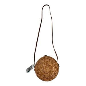 NWT Hand-woven round rattan crossbody bag w/genuine leather strap Palm print int